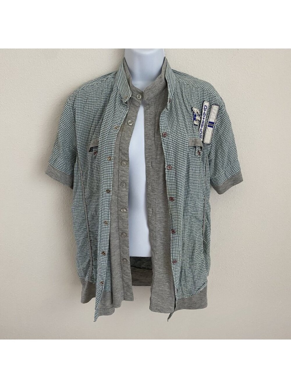 Vintage Pazzo Large Layered Button-up Green Gray 100% Cotton Y2K Top